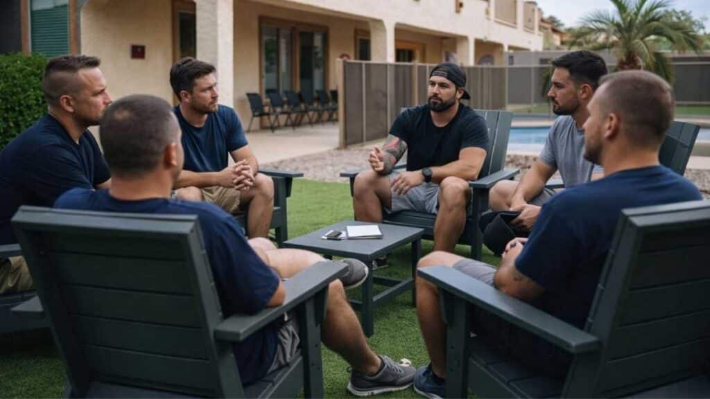 A Group of Men In Benzo Rehab in Arizona Outside Having Group Therapy