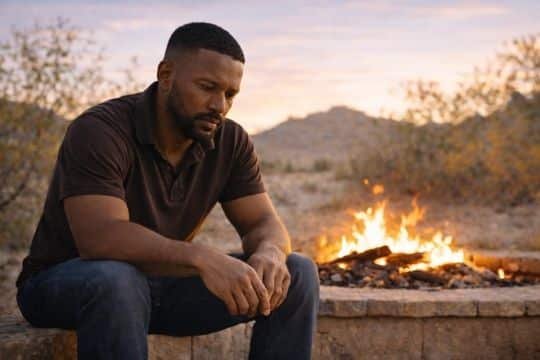 A Man Sitting By The Fire With Trauma and PTSD