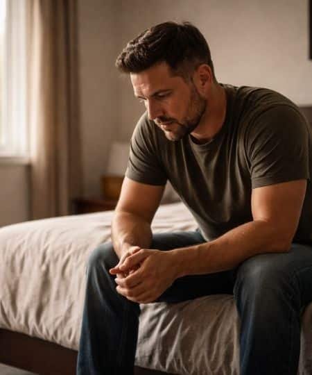 A Man With Depression in Isolation Sitting on his Bed