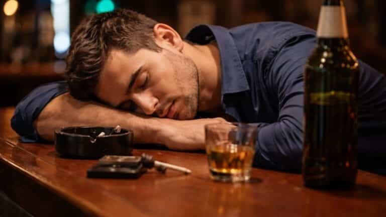 A man passed out on a bar signifying the risk alcohol poses to someone's health and alcoholic seizure risk
