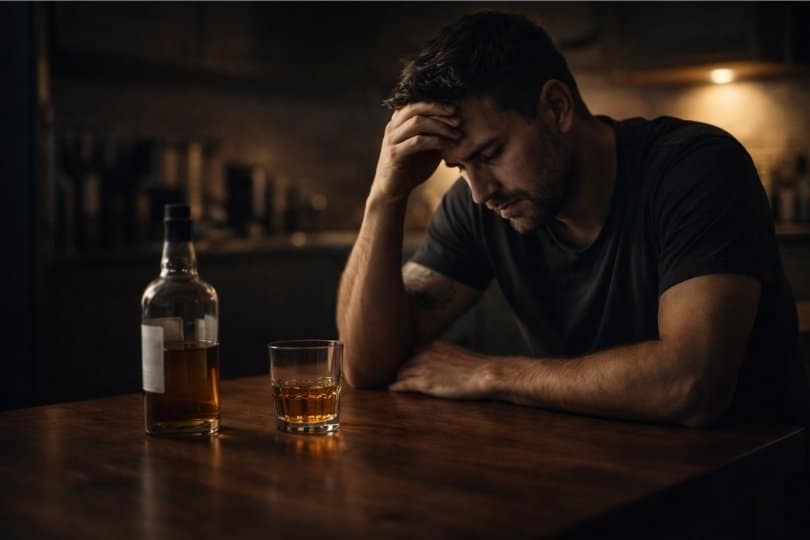 An Alcoholic Man Looking At A Bottle and Glass