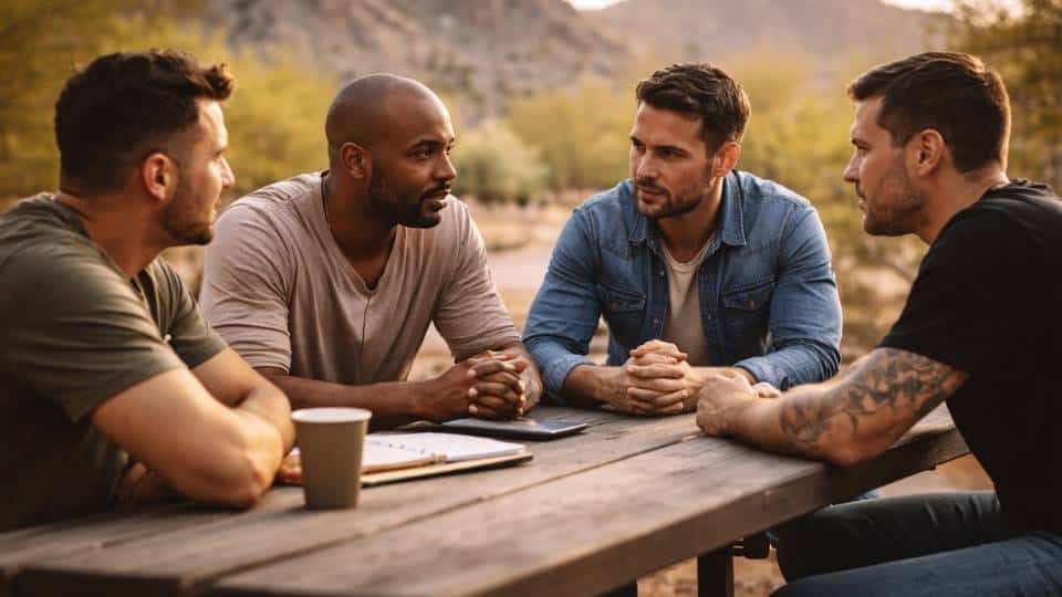 Men In Addiction Treatment at A Table Outside Talking