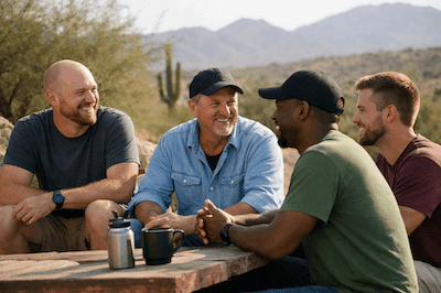 Men in substance abuse treatment in AZ, sitting together outside at a table talking