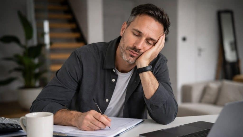 Adderall crash with a man trying to work at his desk