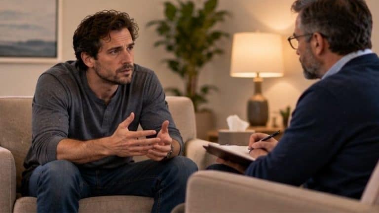 Man talking with a counselor about bipolar disorder and alcohol use in a non-medical office
