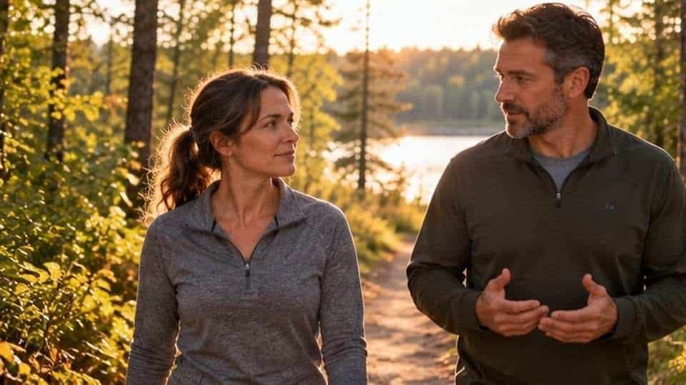 Wife and husband talking while walking together about his trauma nightmares and getting help