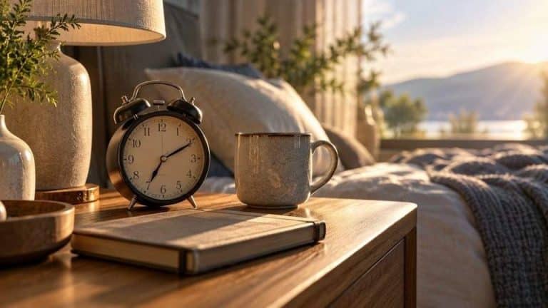 Bedside clock, water and notebook representing sleep changes that can make Adderall anxiety worse.