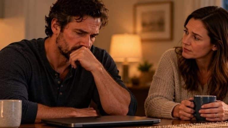 Man at a kitchen table with his wife, showing quieter signs of depression in men that are not sadness