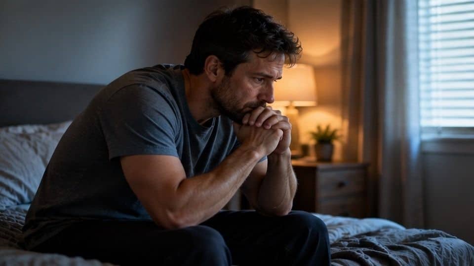 Man sitting on the edge of his bed after a restless night, a common pattern with co-occurring PTSD and drinking.