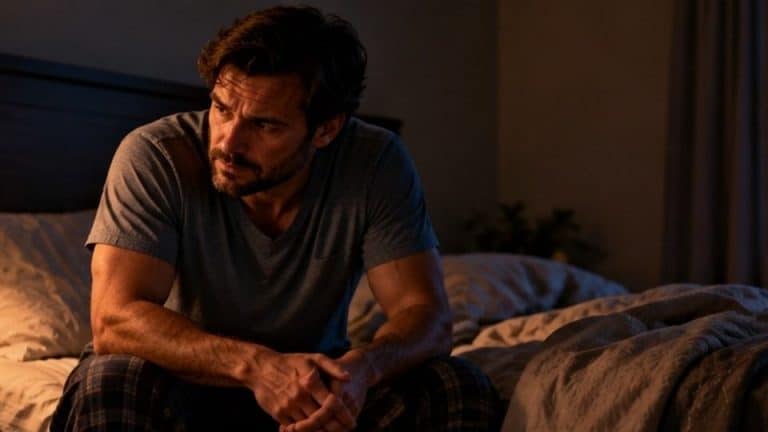Man sitting on the edge of his bed after waking from PTSD nightmares, steadying his breathing