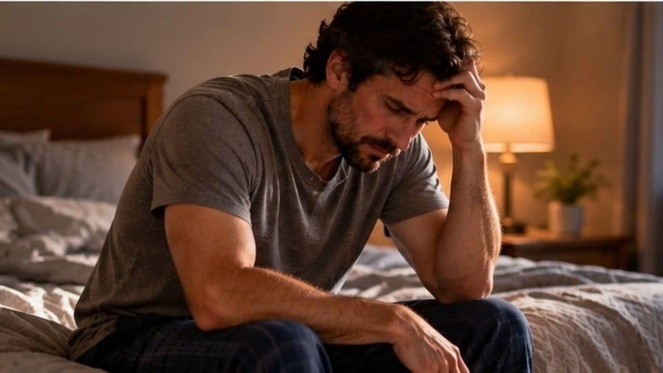 Man on the edge of his bed in the morning dealing with hangover anxiety after drinking