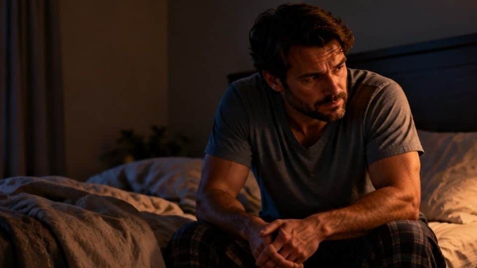 Man on the edge of his bed taking a slow breath with anxiety after drinking the night before