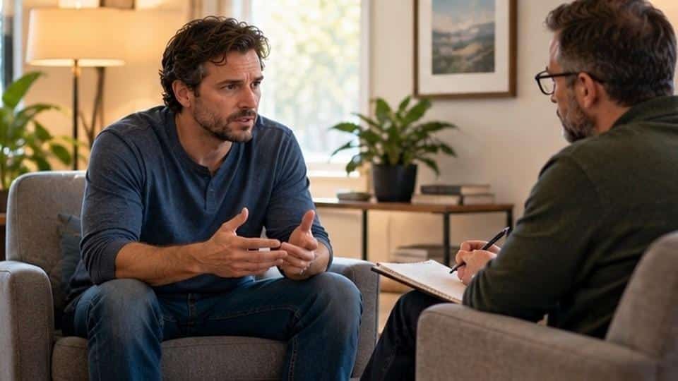 Man talking with a counselor about intrusive thoughts and whether his OCD and psychosis symptoms overlap