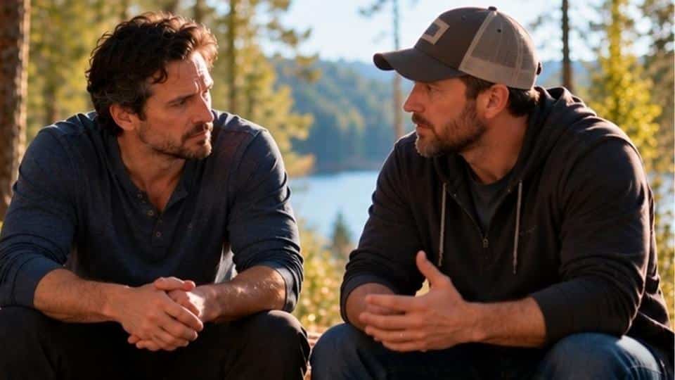 Man talking with a counselor outdoors about depression and getting help