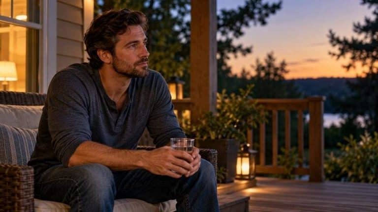Man on his back porch in the evening thinking about alcohol and anxiety and how drinking affects him