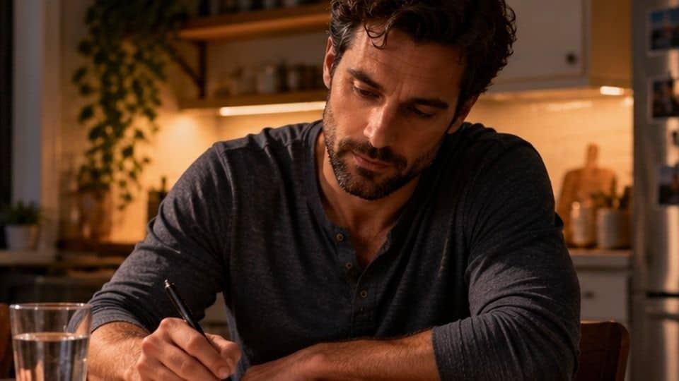 Man writing notes at his kitchen table while tracking whether Adderall causes anxiety as his dose wears off