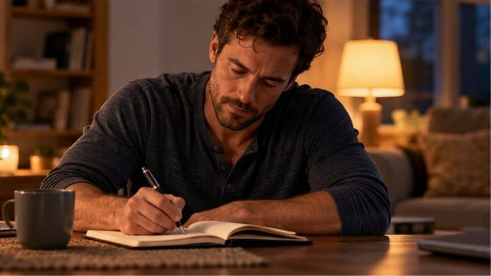 Man at his kitchen table tracking mood and sleep while taking Lexapro to discuss with his prescriber