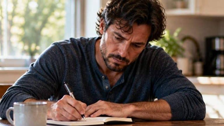 Man writing in a notebook at his kitchen table while trying to understand whether OCD can cause psychosis