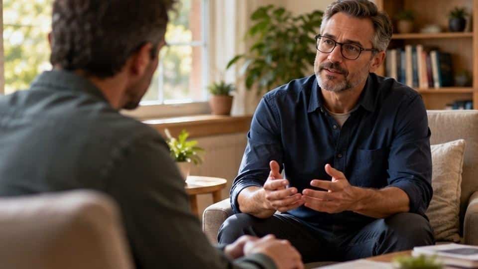 Two men in a support conversation about co-occurring disorders, one speaking while the other listens