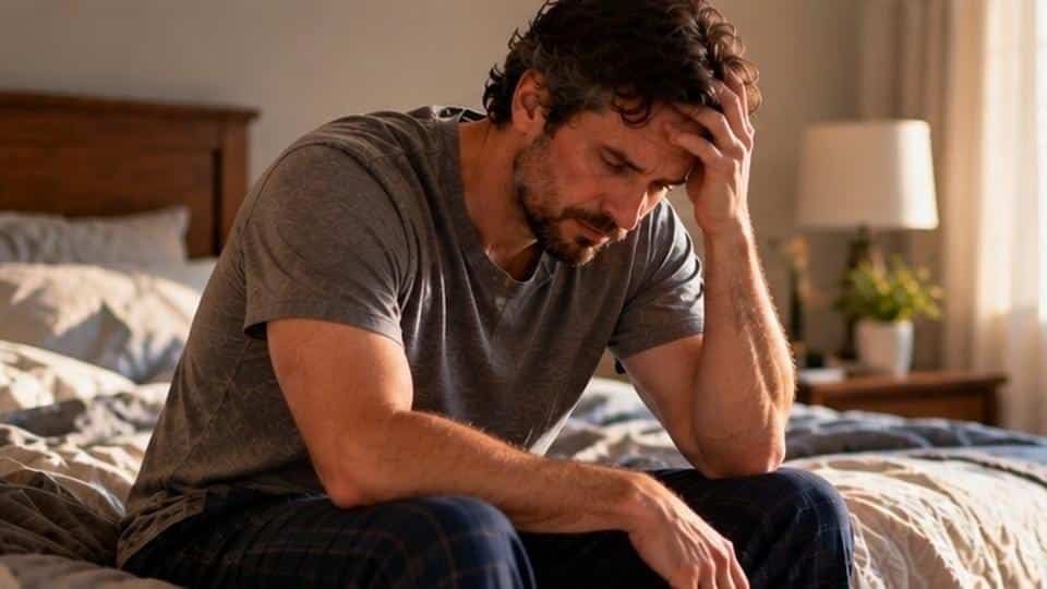 Tired man sitting on the edge of his bed, illustrating drowsiness and impaired judgment after drinking while taking Zoloft