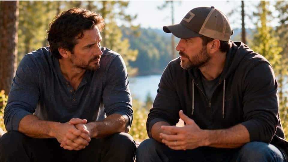 Two men talking outdoors in morning light about anxiety after drinking and what to do next.