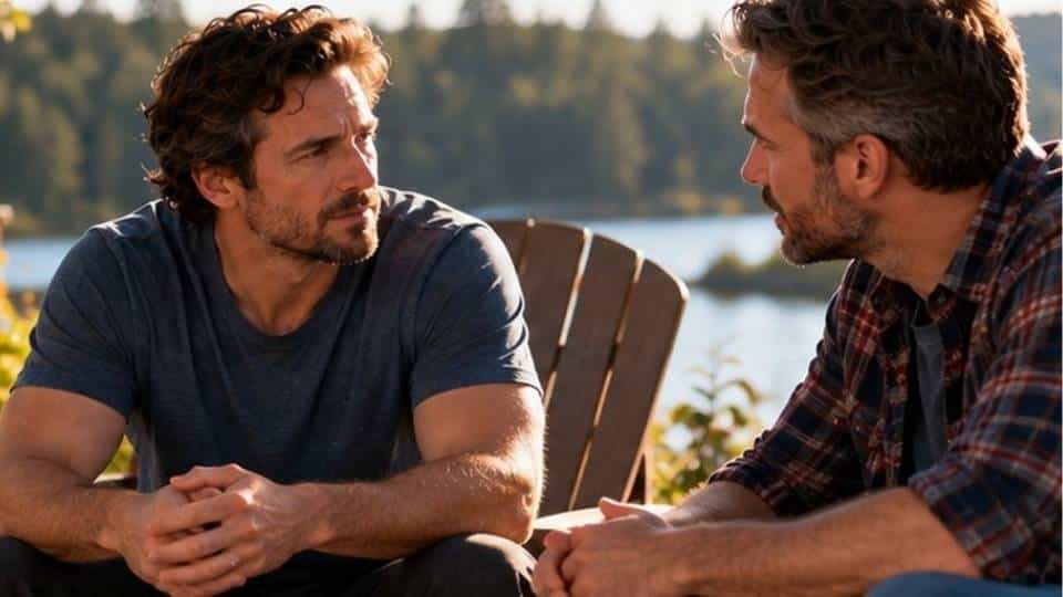 Two men talking honestly outdoors about Lexapro, alcohol, and getting help