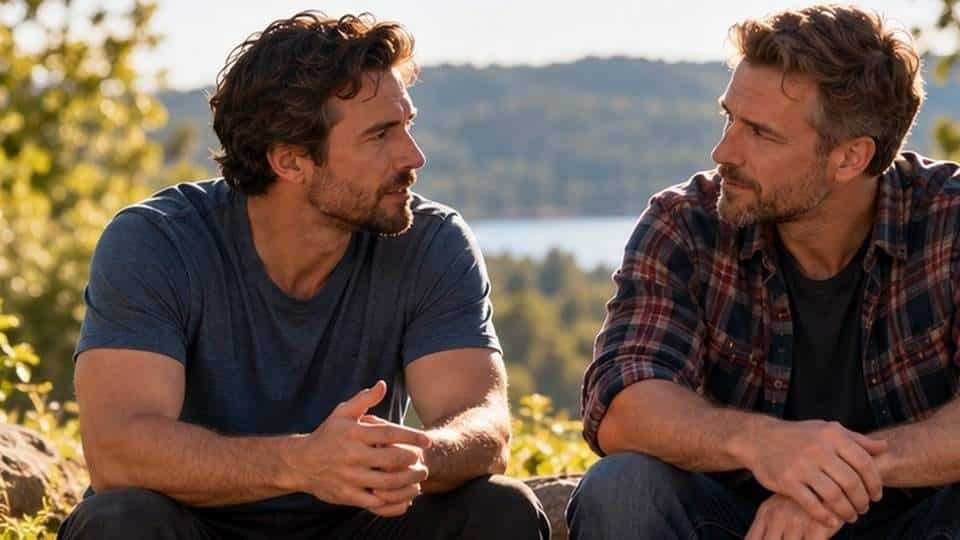 Two men talking outdoors in morning light about managing anxiety without alcohol