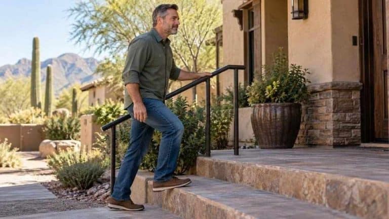 Man using a handrail while climbing outdoor steps.