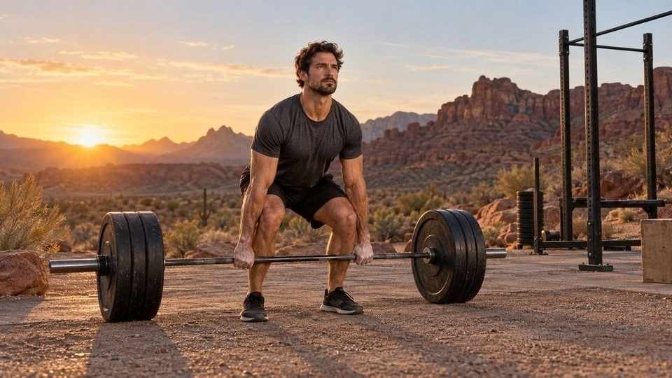 A man performing a barbell deadlift at an outdoor desert gym.