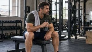 A man resting on a weight bench with a towel and water container.