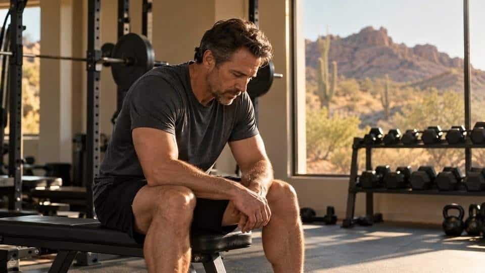 Man sitting quietly on a gym bench in warm desert light contemplating Alcoholic Myopathy.