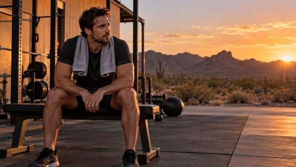 Man resting on a bench outside an Arizona gym after a workout