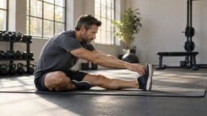 Man stretching on a mat in a quiet gym in morning light